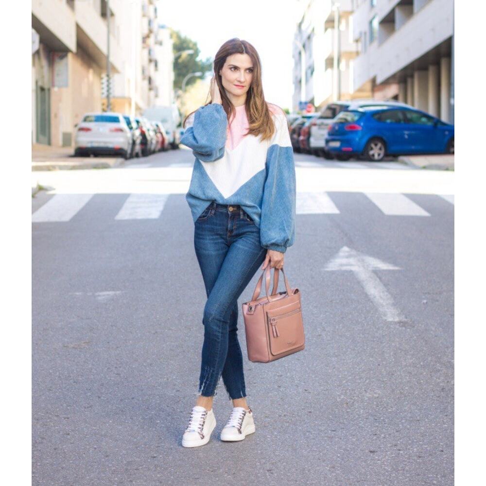 Women’s Sweater Colorblock Corduroy Crew Neck, Long Sleeve White/Blue/Pink Sz L